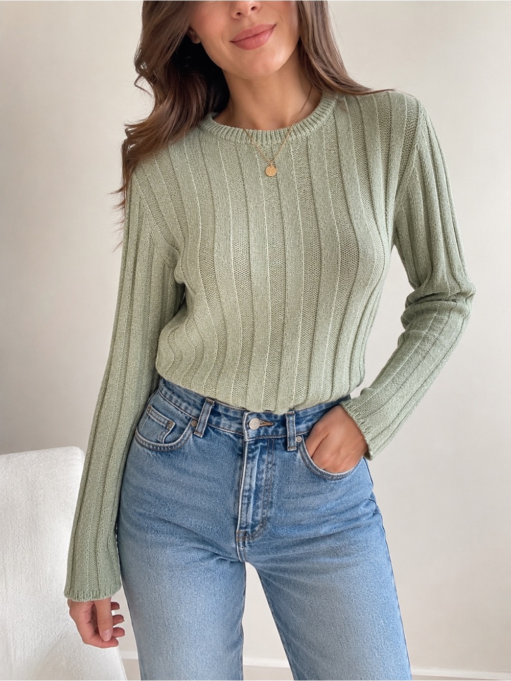 Light Sage Ribbed Knit Sweater
